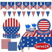 4th of July Decoration Patriotic Party Supplies Disposable Tableware Paper Plates Banner Tablecloth Napkins Set for Independence Day Memorial Day Serves 24 (Type 1) 
